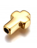 Religión: Cruz (3). Acero inoxidable. Color dorado. 14x10x4 mm. 2,5 mm perforación vertical. 1 ud.