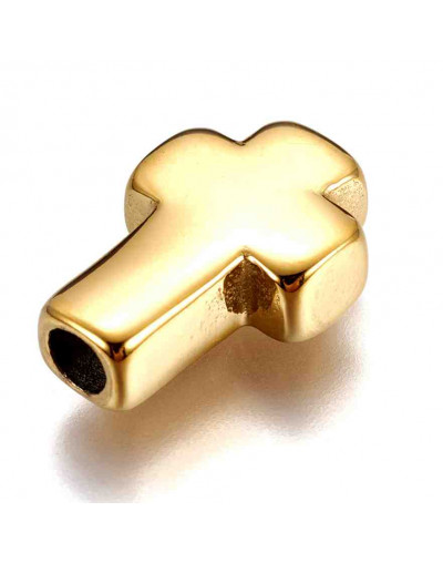 Religión: Cruz (3). Acero inoxidable. Color dorado. 14x10x4 mm. 2,5 mm perforación vertical. 1 ud.