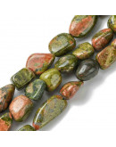 Unakite. Nuggets Tumbled. 7~17x7~10x4~8 mm. 0.6~1.4 mm perforación. 35 uds aprox. 1 hilo.