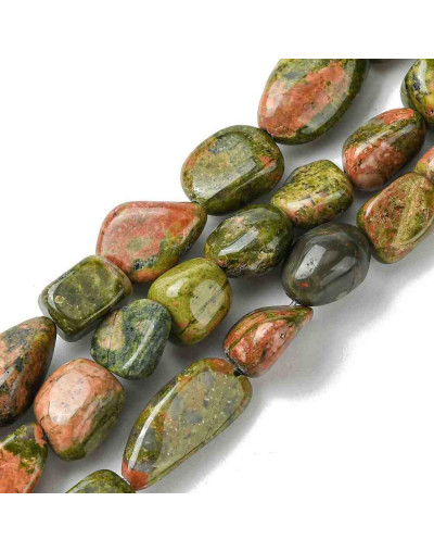 Unakite. Nuggets Tumbled. 7~17x7~10x4~8 mm. 0.6~1.4 mm perforación. 35 uds aprox. 1 hilo.