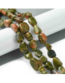 Unakite. Nuggets Tumbled. 7~17x7~10x4~8 mm. 0.6~1.4 mm perforación. 35 uds aprox. 1 hilo.