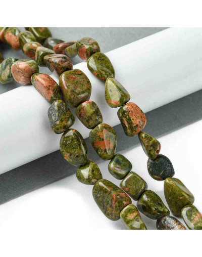 Unakite. Nuggets Tumbled. 7~17x7~10x4~8 mm. 0.6~1.4 mm perforación. 35 uds aprox. 1 hilo.
