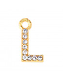 Letra "L". Aleación de cobre+Rhinestone. Color dorado. 13 mm. 1,5 mm agujero. 1 ud.