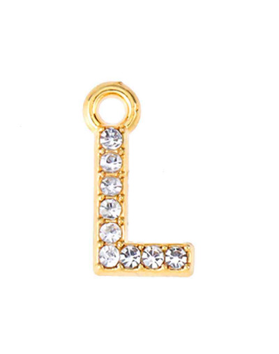 Letra "L". Aleación de cobre+Rhinestone. Color dorado. 13 mm. 1,5 mm agujero. 1 ud.