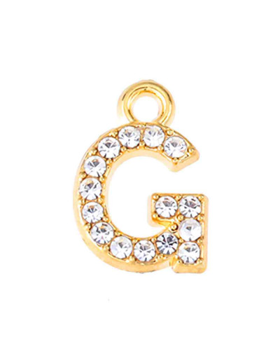 Letra "G". Aleación de cobre+Rhinestone. Color dorado. 13 mm. 1,5 mm agujero. 1 ud.