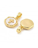 Religión: Cruz. Aleación de cobre. Baño 18k Gold. Zirconia. 12x10x2.5 mm. 4.8x2.7 mm cierre. 1 ud.
