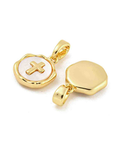 Religión: Cruz. Aleación de cobre. Baño 18k Gold. Zirconia. 12x10x2.5 mm. 4.8x2.7 mm cierre. 1 ud.