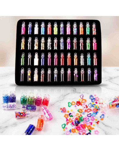 Glitter. Decoración para resina. Set de 48 colores y formas diferentes. 1 set.