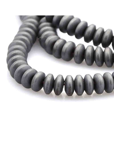Hematite sintético. Gun Metal Mate. Rondelle. 4x2 mm. 1 mm perforación. 200 uds aprox. 1 hilo.